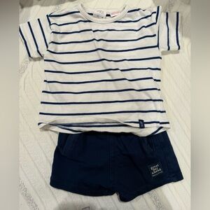 Zara Striped White and Navy T-Shirt with Navy Shorts